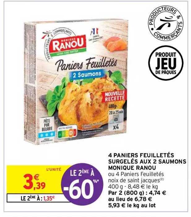 4 paniers feuilletés surgelés aux 2 saumons monique ranou