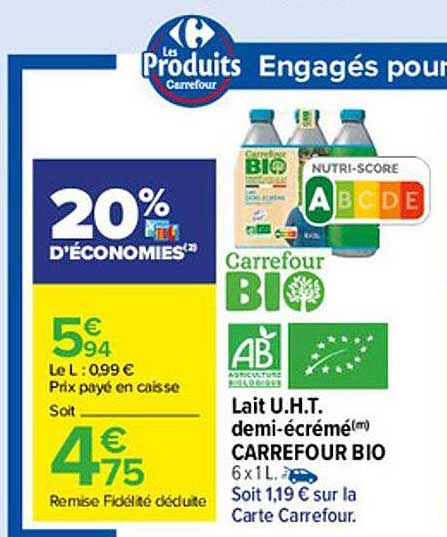 lait u.h.t. demi-écrémé carrefour bio