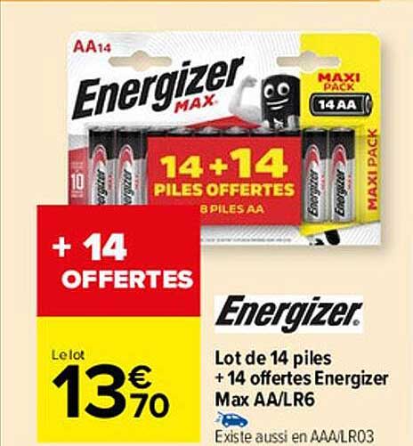 lot de 14 piles + 14 offertes energizer max aa-lr6