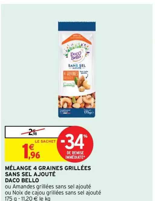 mélange 4 graines grillées sans sel ajouté daco  bello