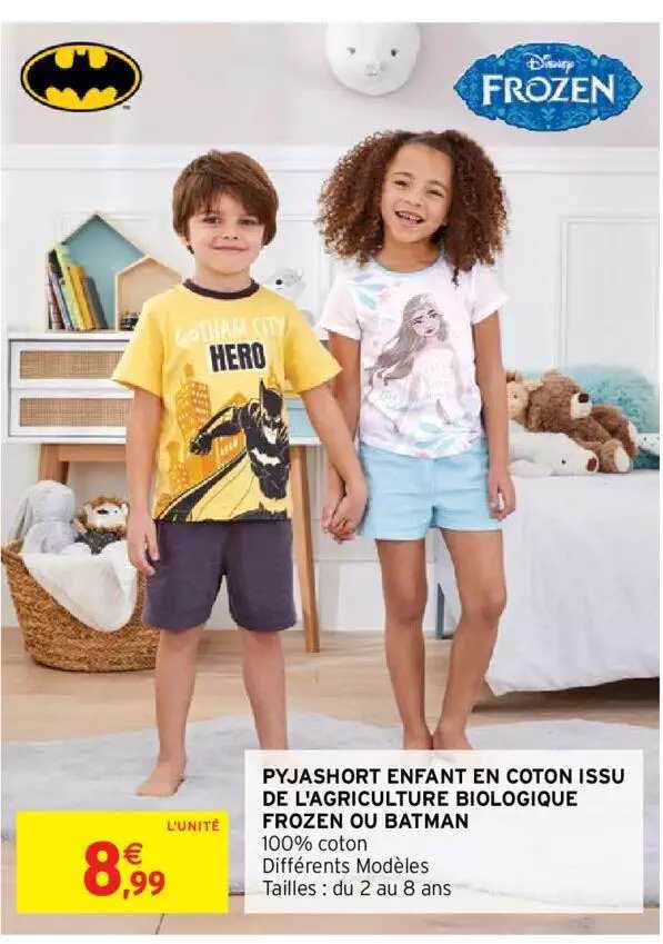 pyjashort enfant en coton issu de l'agriculture biologique frozen ou batman