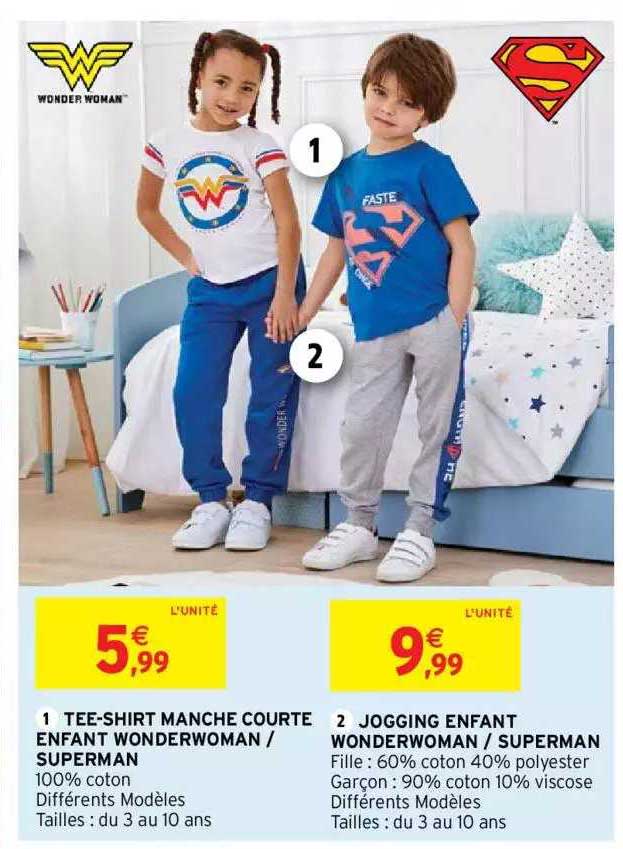 tee-shirt manche courte enfant wonderwoman - superman, jogging enfant wonderwoman - superman