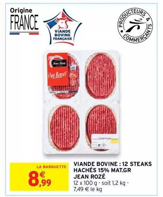 viande bovine : 12 steaks hachés 15% mat. gr. jean rozé
