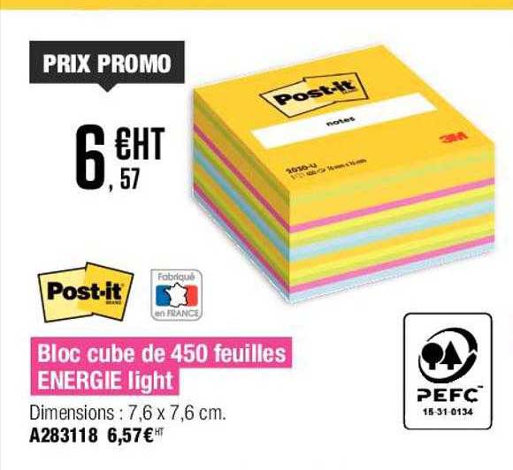 bloc cube de 450 feuilles energie light post-it