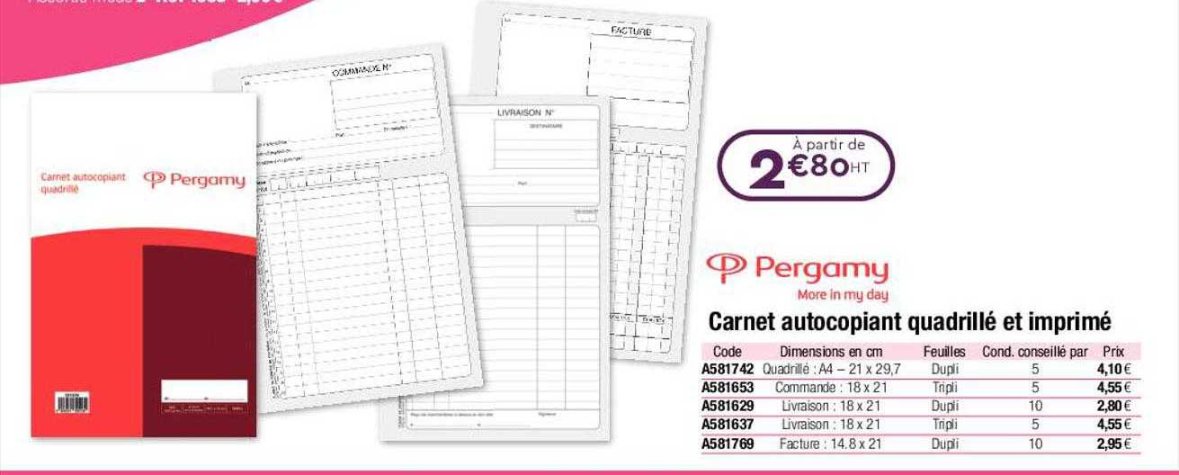 carnet autocopiant quadrillé et imprimé pergamy