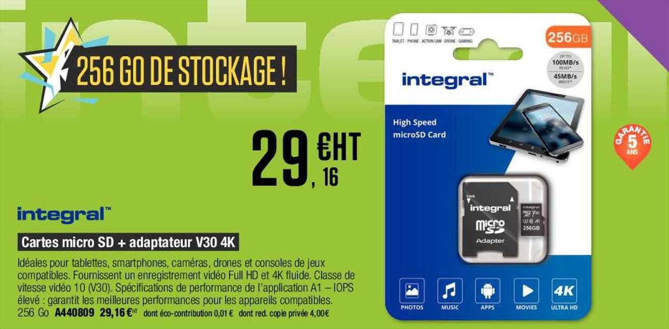 cartes micro sd + adaptateur v30 4k integral