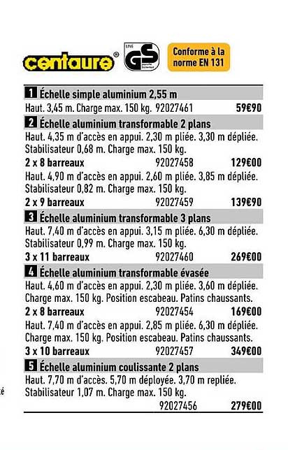 échelle simple aluminium 2,55 m centaure, échelle aluminium transformable 2 plans centaure, échelle aluminium transformable 3 plans centaure, échelle aluminium transformable évasée centaure