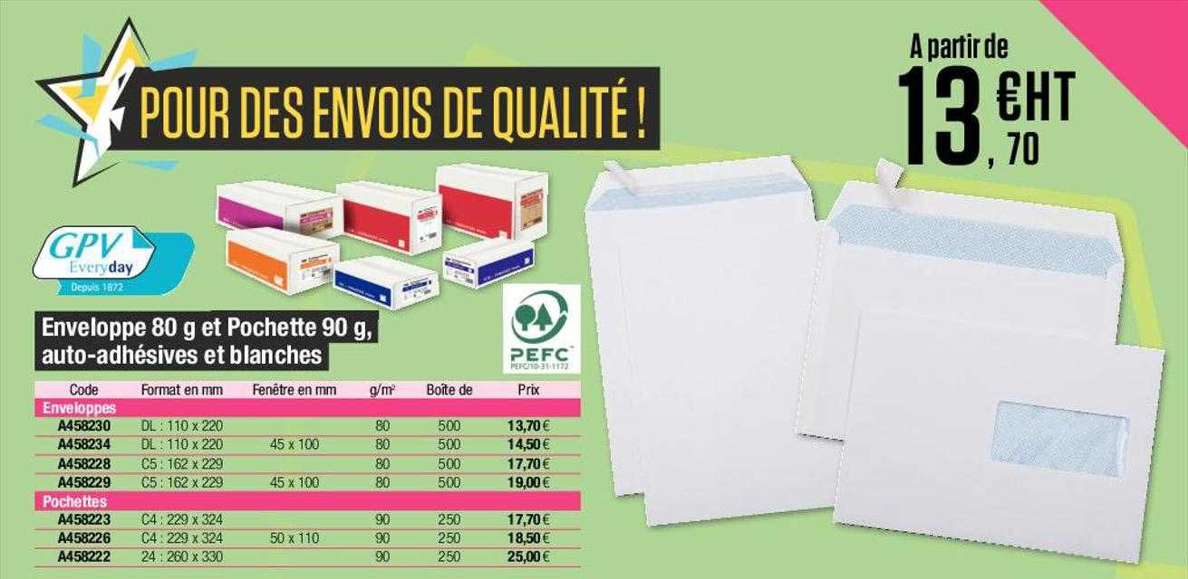 enveloppe 80 g et pochette 90 g, auto-adhésives et blanches gpv