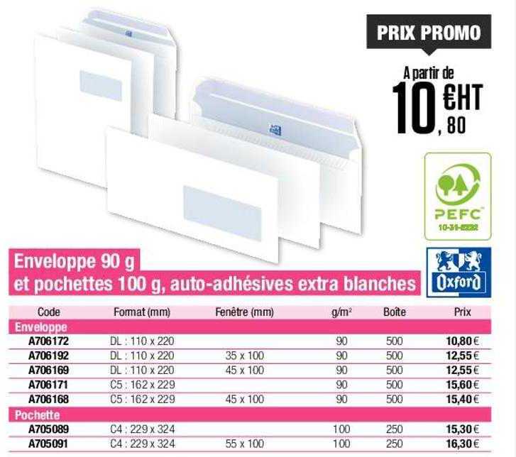 enveloppe 90 g et pochettes 100 g, auto-adhésives extra blanches oxford