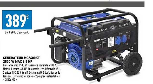 générateur mc2600kt 2500 w max 6.5 hp