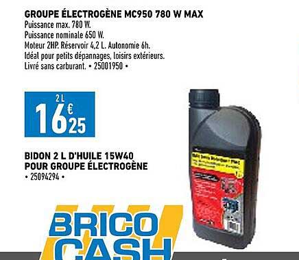 groupe électrogène mc950 780 w max, bidon 2l d'huile 15w40 pour groupe électrogène