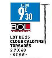 lot de 25 clous calotins torsadés 2,7 x 60 bol