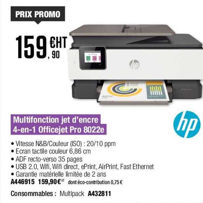 multifonction jet d'encre 4-en-1 officejet pro 8022e hp