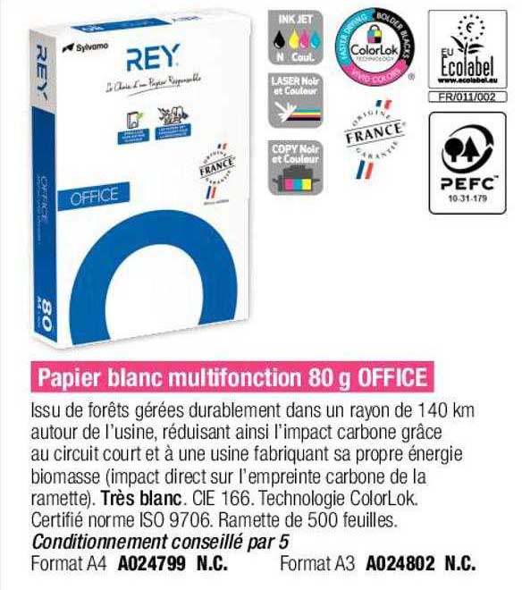 papier blanc multifonction 80 g office rey