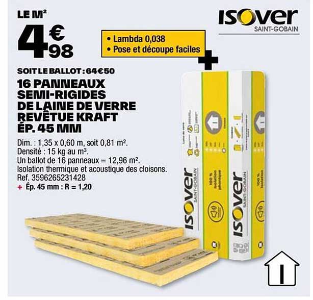 16 panneaux semi-rigides de laine de verre revêtue kraft ép. 45 mm isover