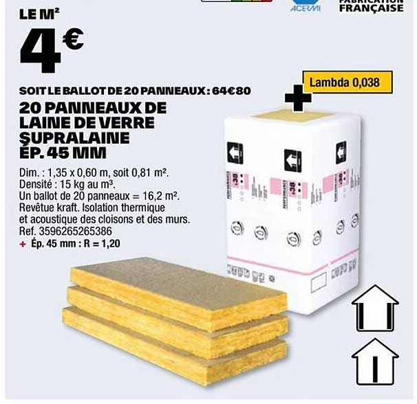 20 panneaux de laine de verre supraine ép. 45 mm