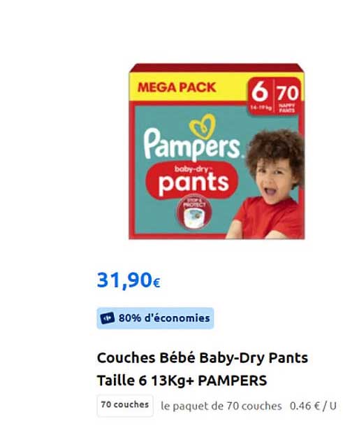 couches bébé baby-dry pants taille 6 13 kg+ pampers