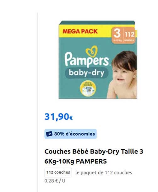 couches bébé baby-dry taille 3 - 6 kg - 10 kg pampers