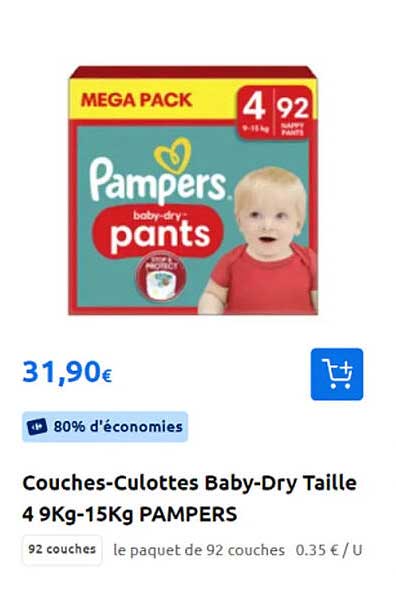 couches-culottes baby-dry taille 4 9kg- 15kg pampers