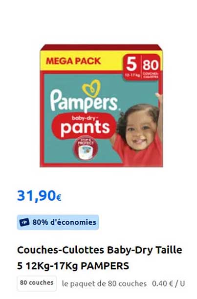 couches-culottes baby-dry taille 5 12kg-17 kg pampers