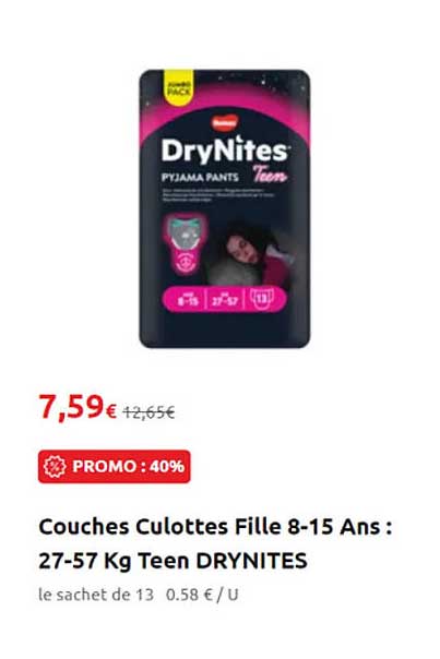 couches culottes fille 8-15 ans : 27-57 kg teen drynites