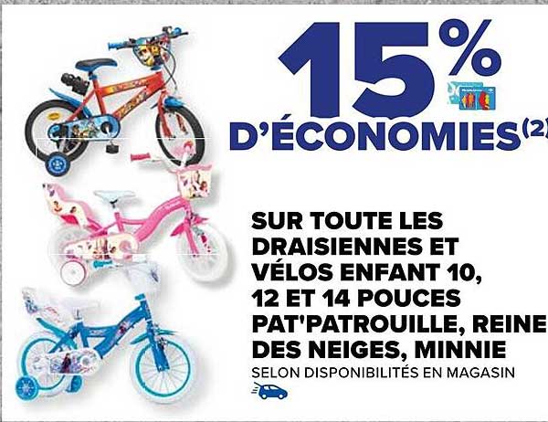 les draisiennes et vélos enfant 10, 12 et 14 pouces pat'patrouille, reine des neiges, minnie