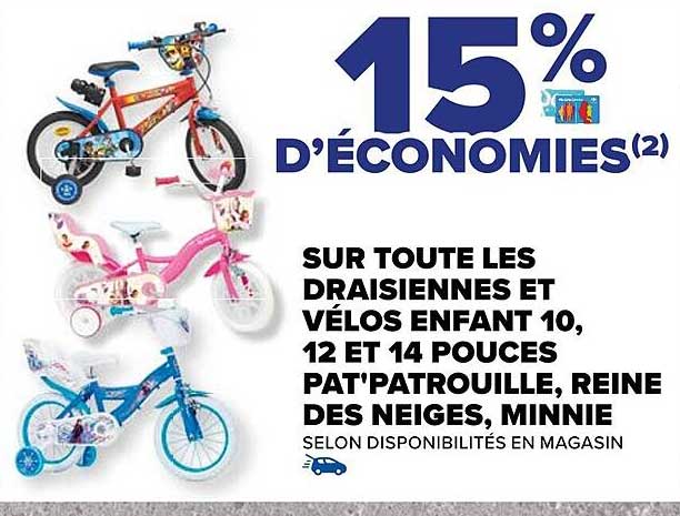 les draisiennes et vélos enfant 10, 12 et 14 pouces pat'patrouille, reine des neiges, minnie