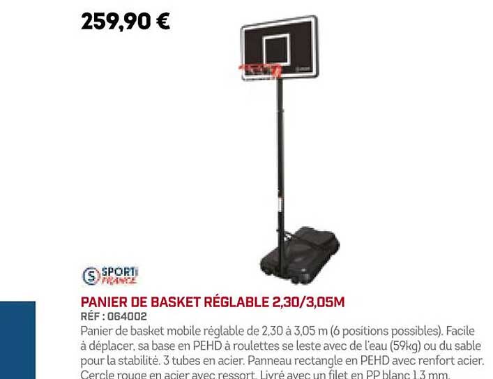 panier de basket réglable 2,30 3,05m sporti france