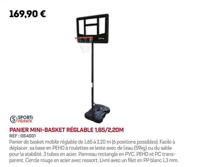 panier mini-basket réglable 1,65 2,20m sporti france