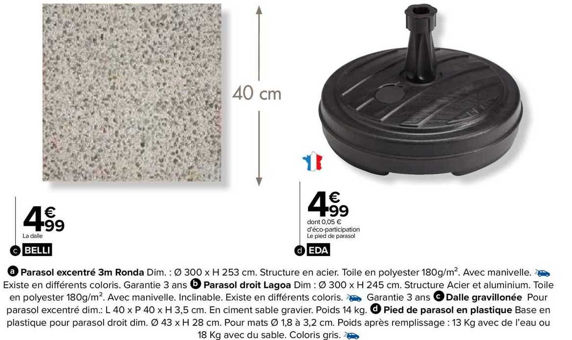 parasol excentré 3m ronda, parasol droit lagoa, dalle gravillonnée, pied de parasol en plastique