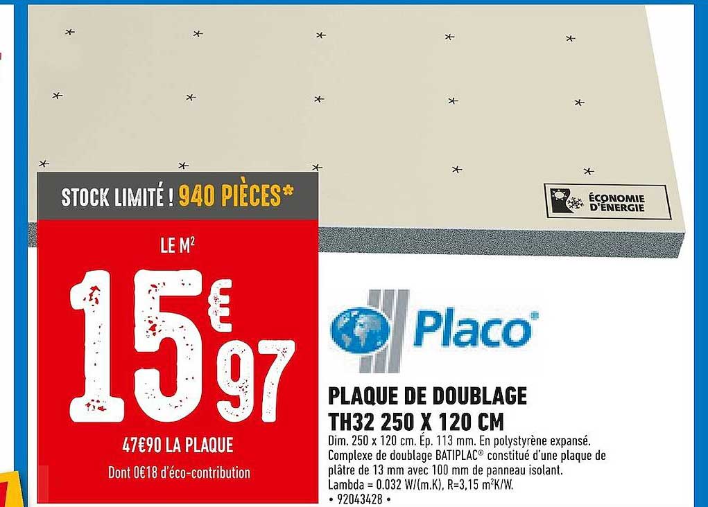 plaque de doublage th32 250 x 120 cm placo