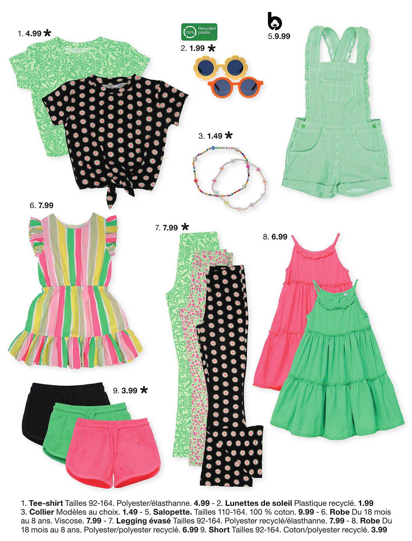 tee-shirt, lunettes de soleil, collier, salopette, legging évasé, robe, short