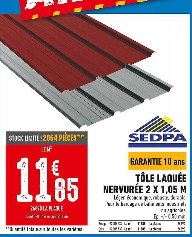 tôle laquée nervurée 2 x 1,05 m sedpa