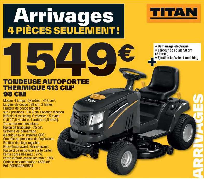 Tondeuse Autoportée Thermique 413 Cm³ 98 Cm Titan