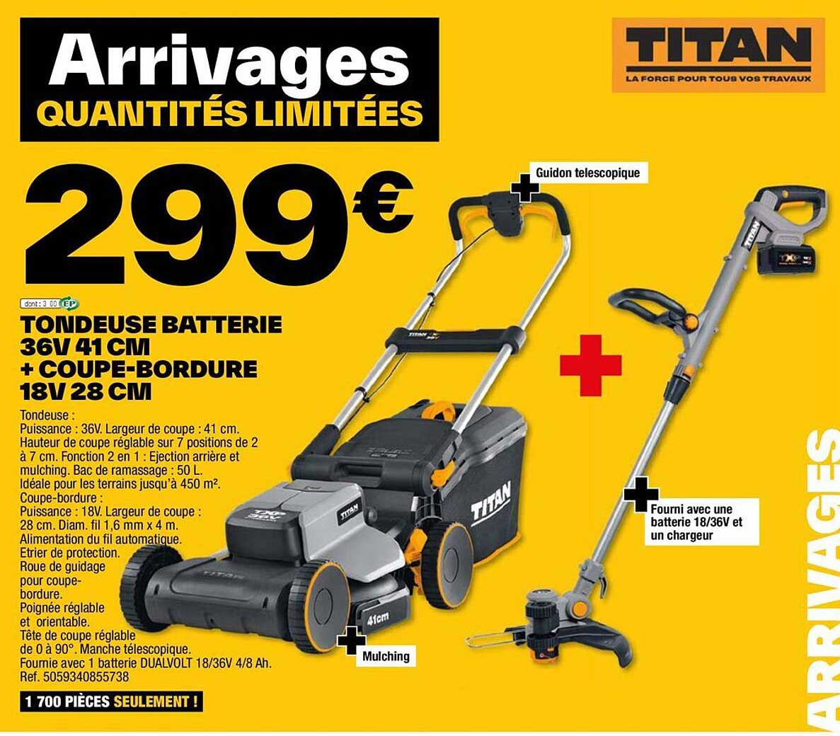 Tondeuse Batterie 36v 41 Cm + Coupe-bordure 18v 28 Cm Titan