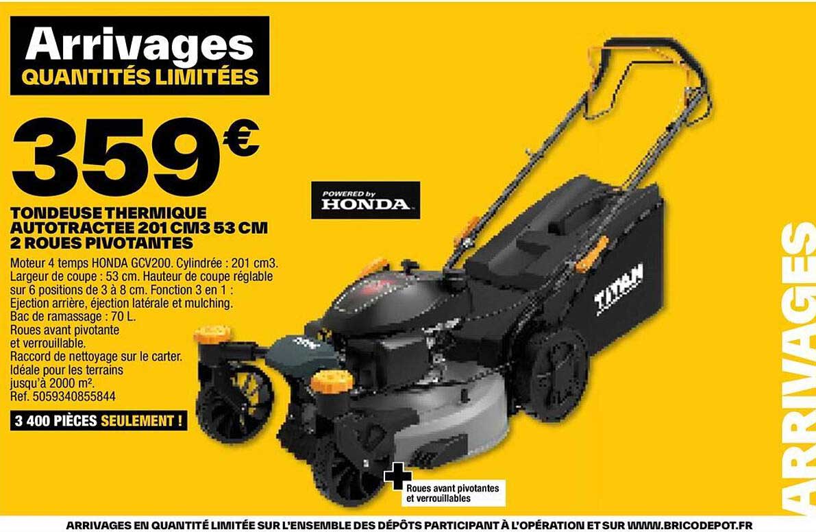 tondeuse thermique autotractée 201 cm3 53 cm 2 roues pivotantes honda