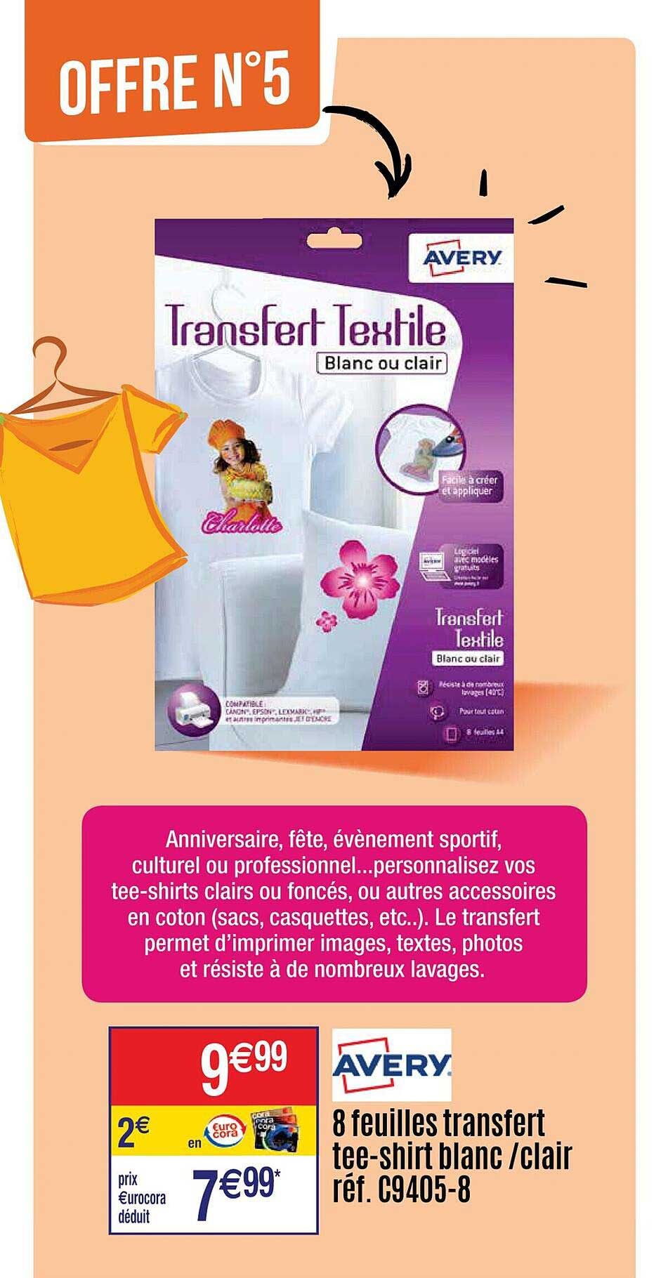 8 feuilles transfert tee-shirt blanc - clair avery