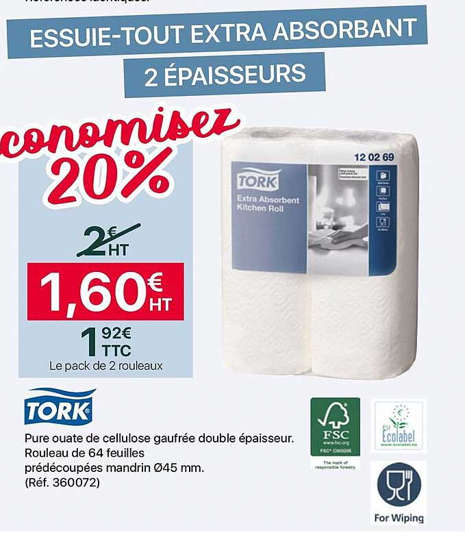 essuie-tout extra absorbant 2 épaisseurs tork