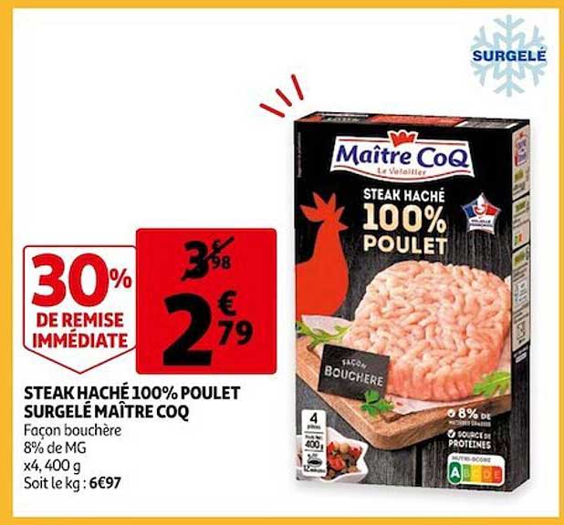 steak haché 100% poulet surgelé maître coq