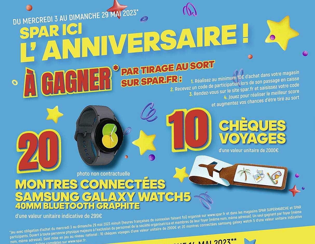 20 montres connectées samsung galaxy watch5 40 mm bluetooth graphite, 10 chèques voyages