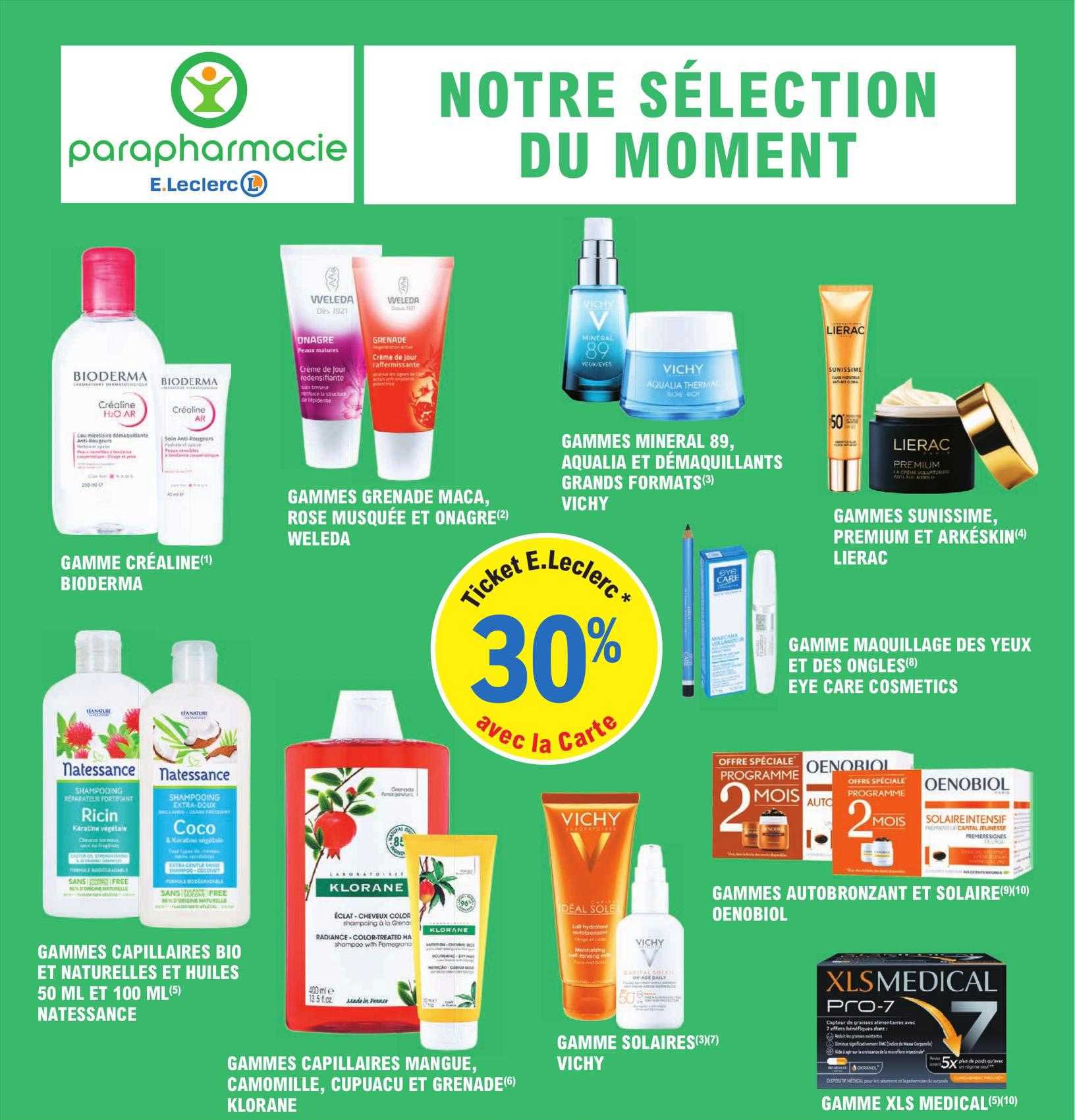 gamme créaline bioderma, gammes capillaires bio et naturelles et huiles 50ml et 100ml natessance, gammes grenade maca, rose musquée et onagre weleda, gammes capillaires mangue, camomille, cupuaco