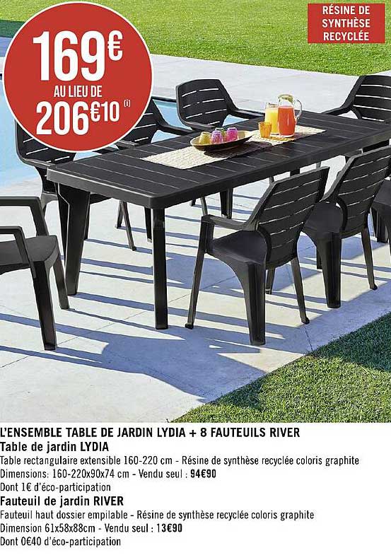 l'ensemble table de jardin lydia + 8 fauteuils river