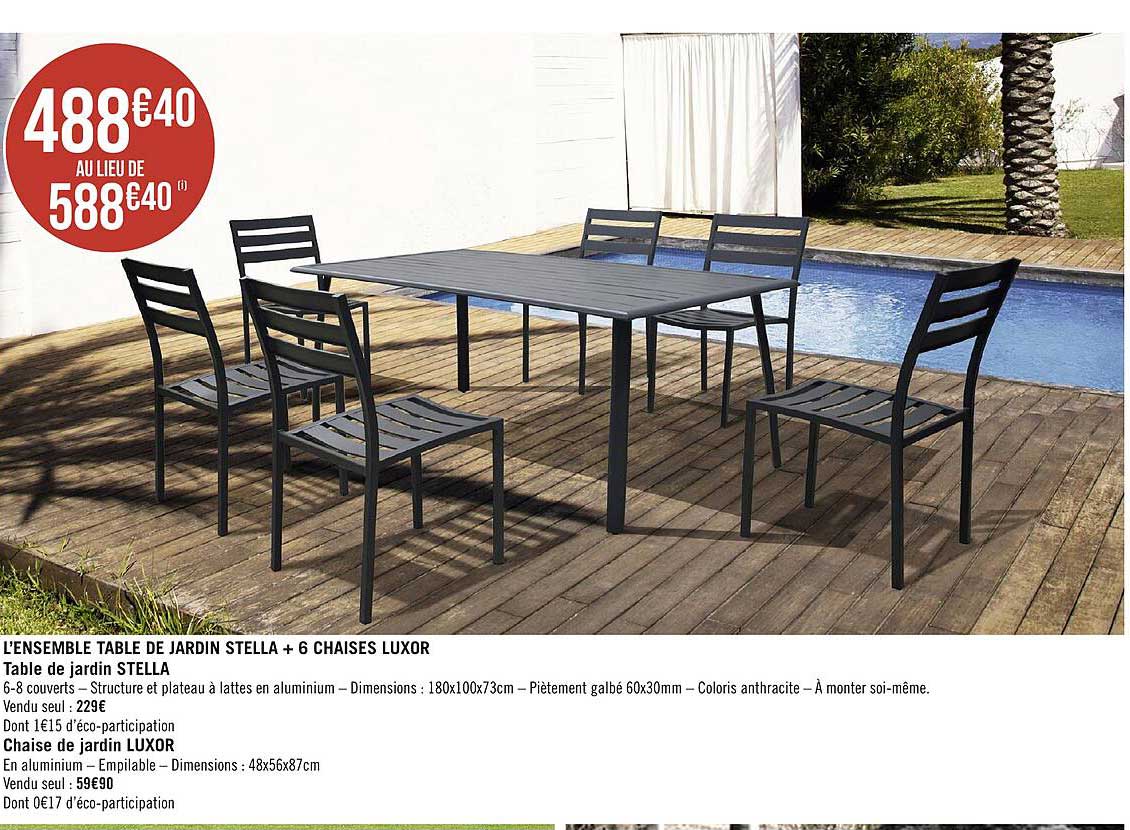 l'ensemble table de jardin stella + 6 chaises luxor