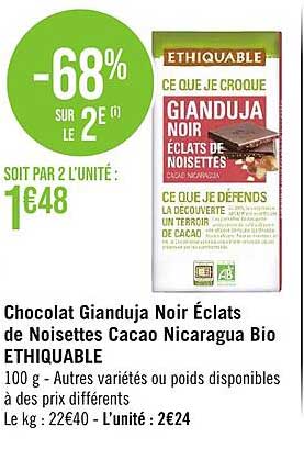 chocolat gianduja noir éclats de noisettes cacao nicaragua bio éthiquable