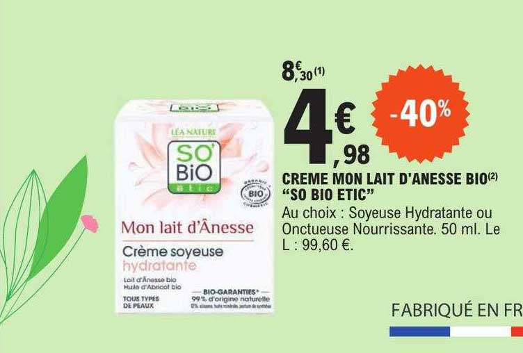 crème mon lait d'anesse bio "so bio étic"