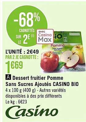 Dessert Fruitier Pomme Sans Sucres Ajoutés Casino Bio