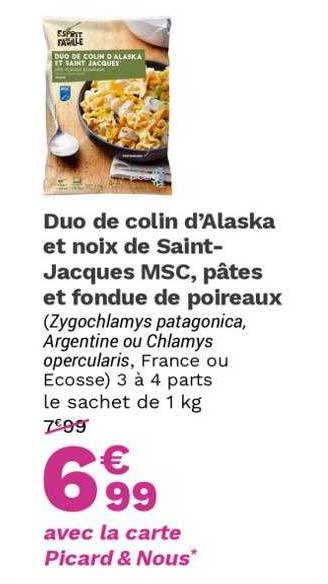 duo de colin d'alaska et noix de saint-jacques msc, pâtes et fondue de poireaux