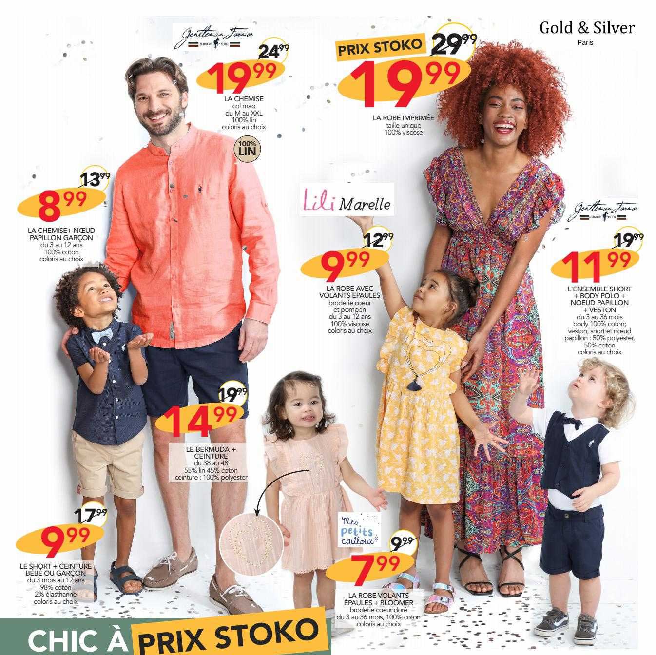 la chemise + nœud papillon garçon, la chemise, la robe imprimée, la robe volants épaules lili marelle, l'ensemble short + body polo + nœud papillon + veston, le bermuda + ceinture, le short + ceinture