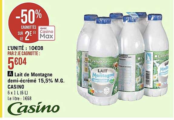 lait de montagne demi-écrémé 15,5% m.g. casino