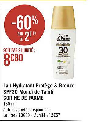 lait hydratant protège & bronze spf30 monoï de tahiti corine de farme